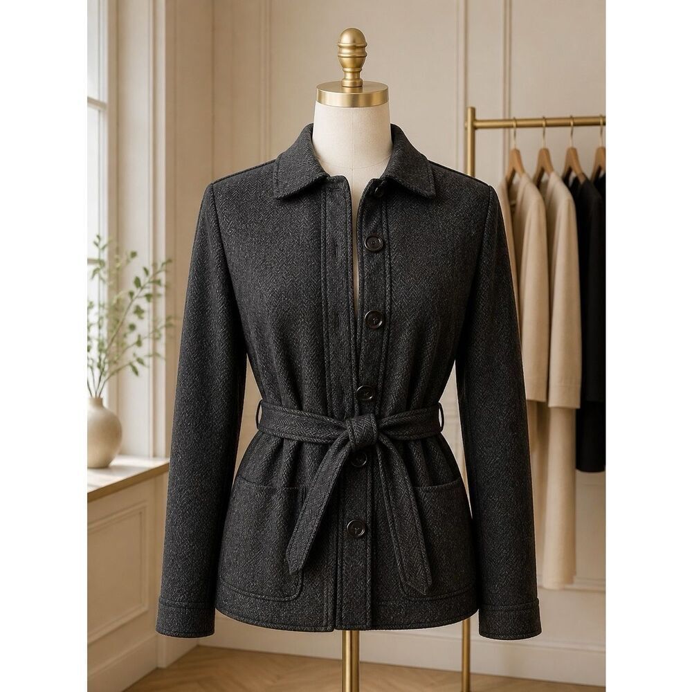 GRAY 100% WOOL BUTTON DOWN BELTED JACKET NY TALBOTS SIZE 6P EUC